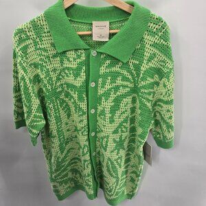 Massive Luxury Green Open Knit Crochet Polo Button Front Short Sleeved Top